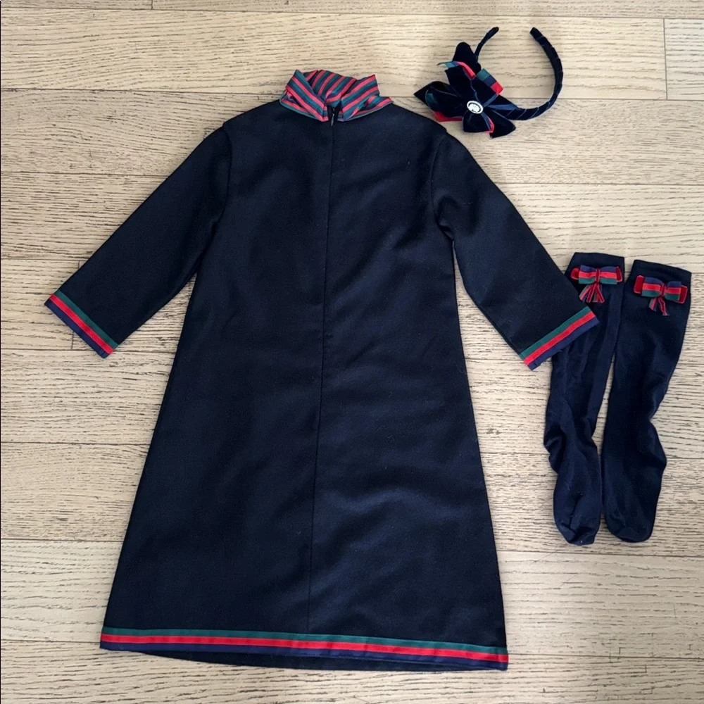 PICCOLA SPERANZA Navy Dress w/bow striped detailing, matching headband/socks 10. - Picture 2 of 13